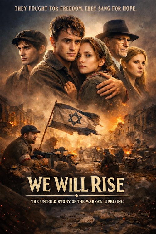 Poster for We Will Rise: a young couple embraces before a burning ghetto and a flag with the Star of David. They fought for freedom. They sang for hope.